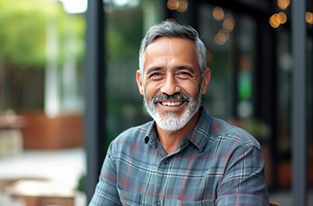 an older man smiling while sitting outside