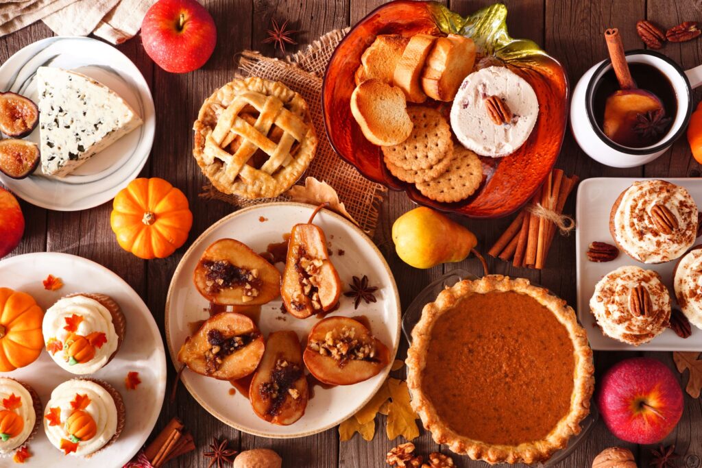 Bird's eye view of dessert table with fall decorations